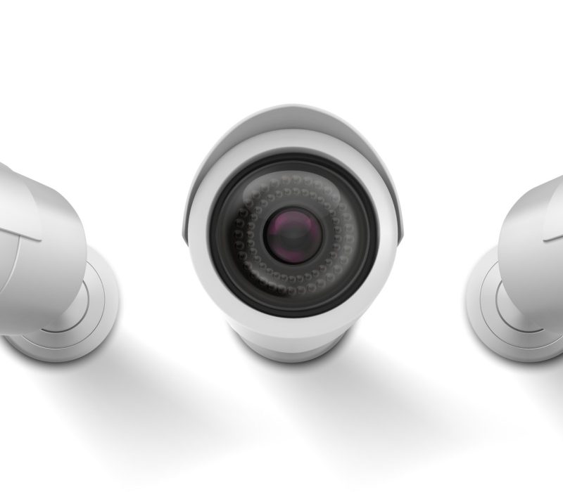 Security cam, cctv video camera, street observe surveillance equipment front and side angle view